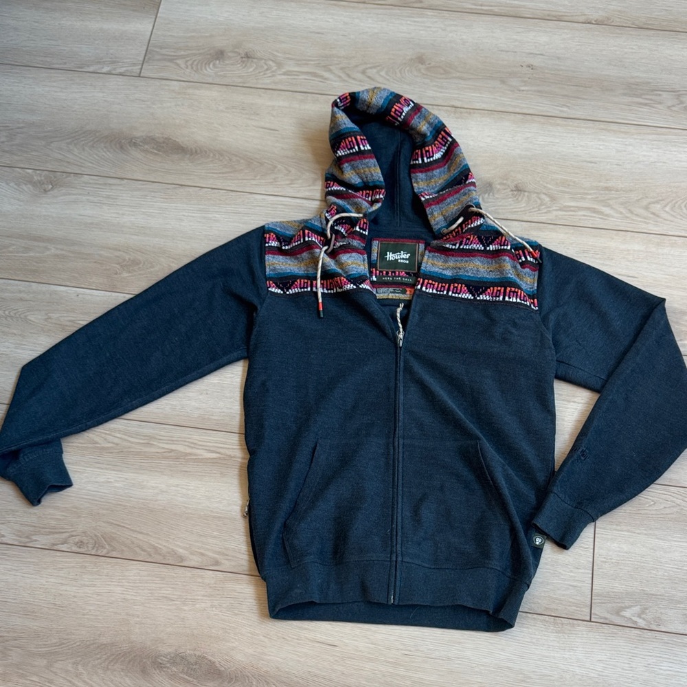Howler Brothers Men's Dark Gray Zip-Up Sweater with Patterned Hood SZ SMALL NWOT